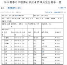 2014中甲联赛石家庄永昌球员名单(部分)